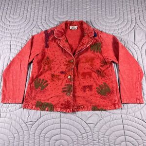 Produce Studio Womens Jacket Shirt Blazer XL Animals Embroidered Red USA Vintage